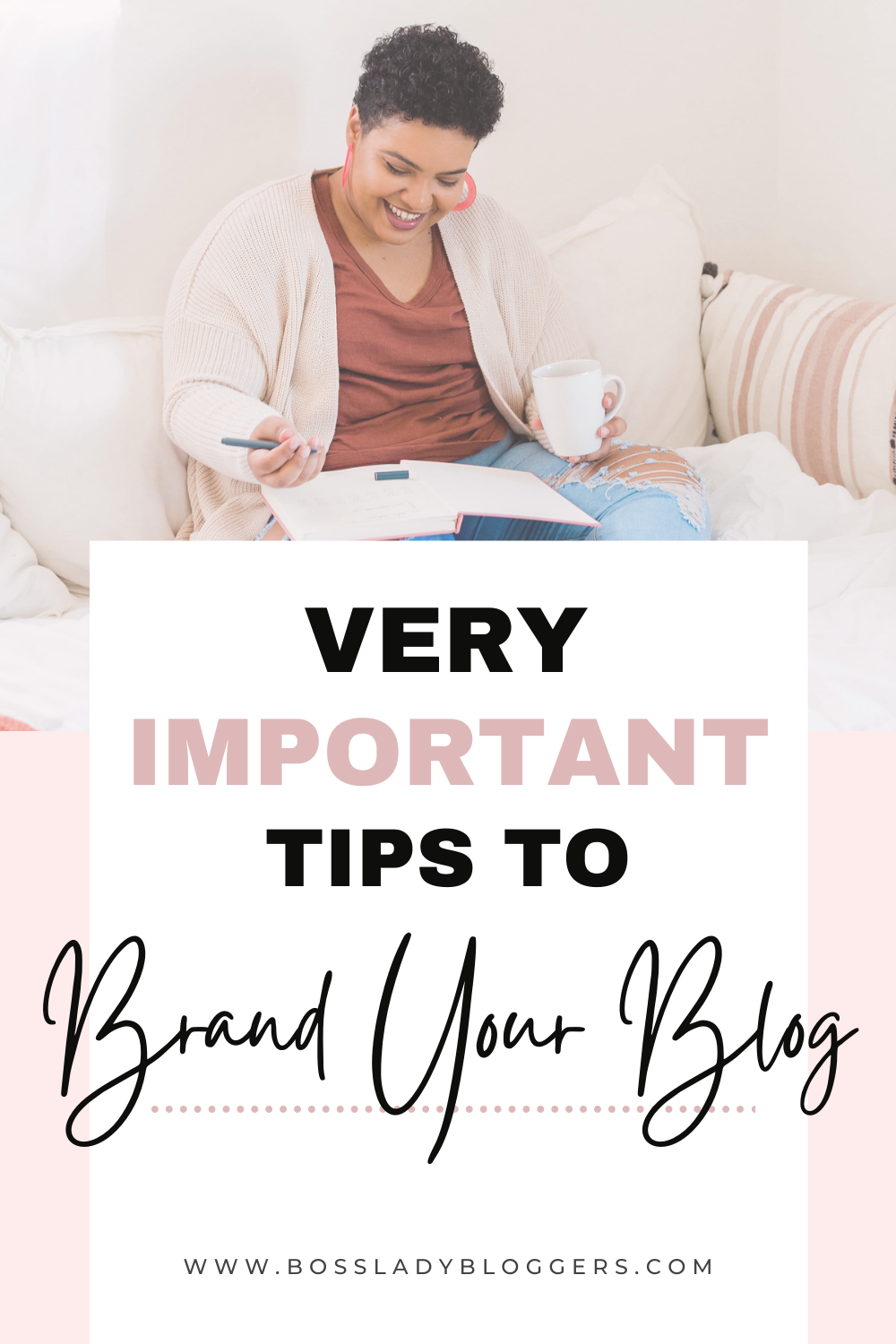 Picture of a lady working while sitting on the bed branding her blog.