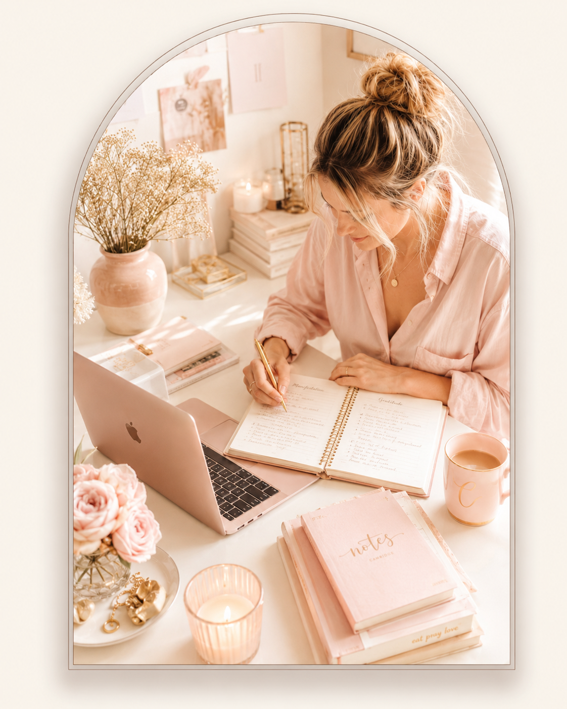 Blogger writing a weekly reset page in a notebook beside a laptop, cream and blush desk
